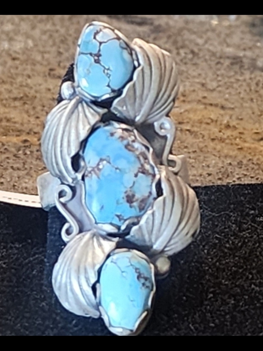 Turquoise Triple Stone Sterling Silver Statement Ring Sz 7 To 9 Adjustable